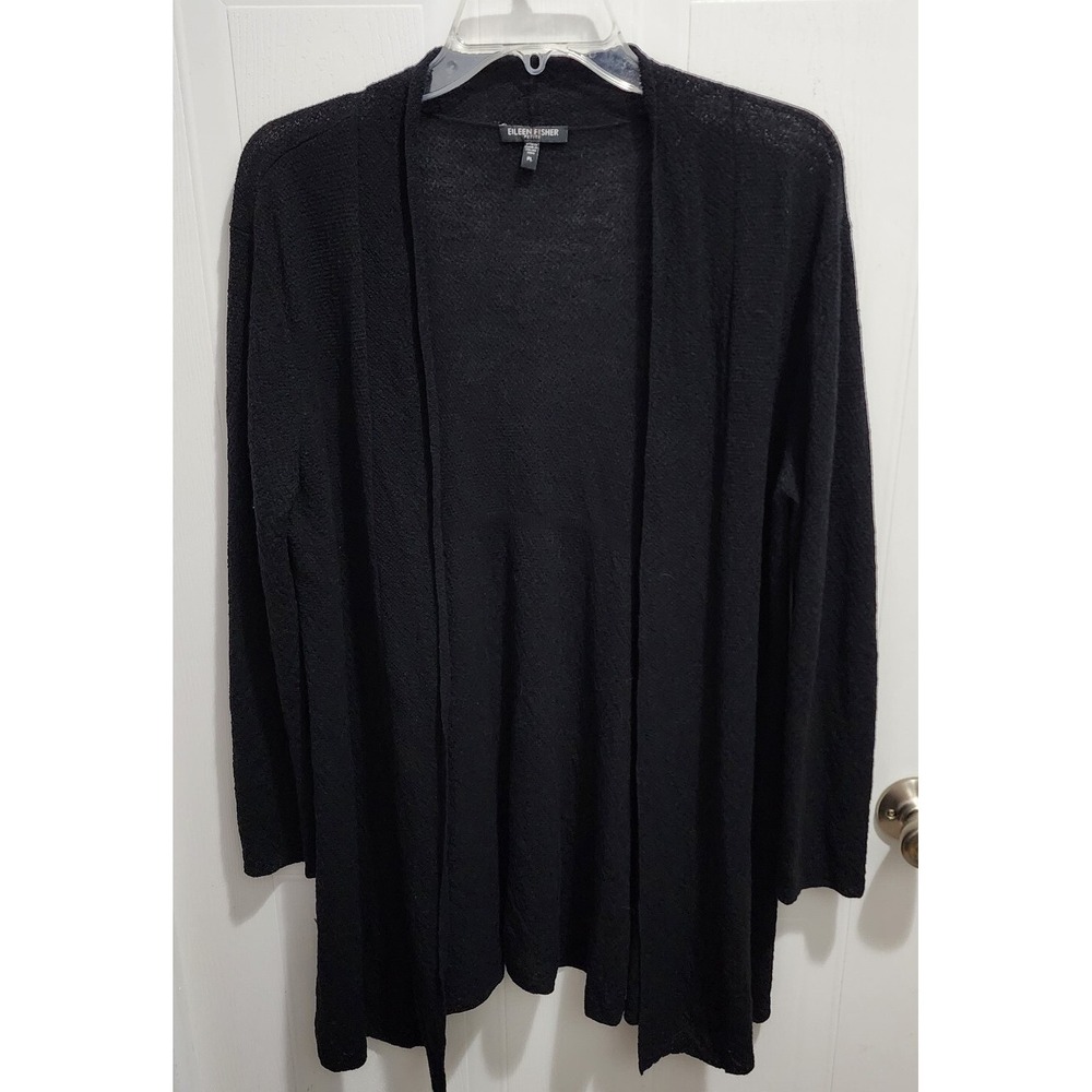 Eileen Fisher Long Sweater Cardigan Black Long Sleeve Open Front Wool Petite PL